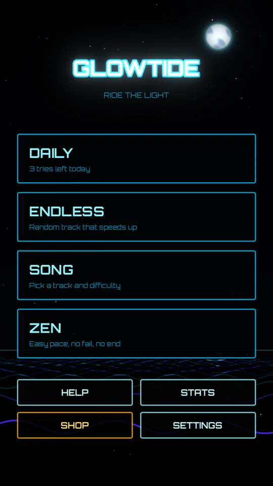 The Glowtide home screen: Daily, Endless, Song and Zen over a moonlit sea